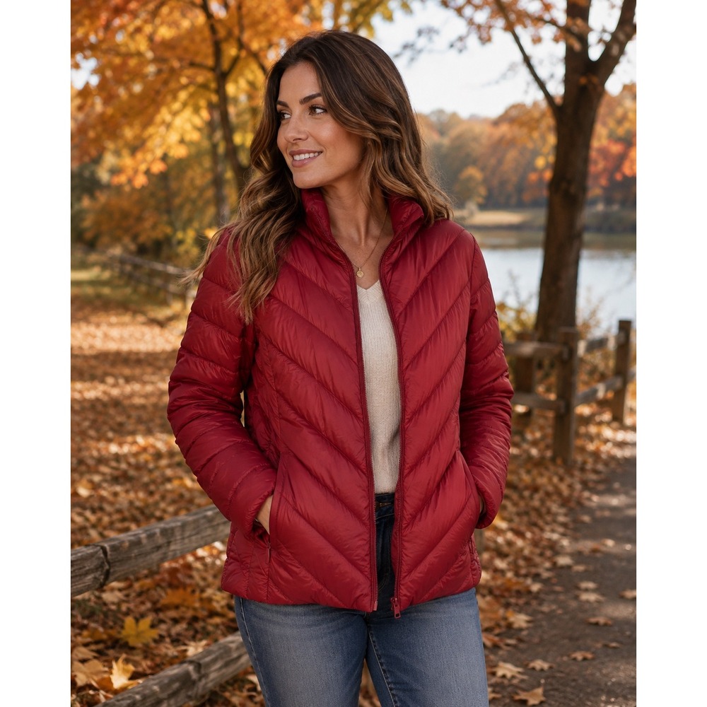 Lildy Packable Ultra Light Down Puffer Jacket Red Chevron Quilted XL